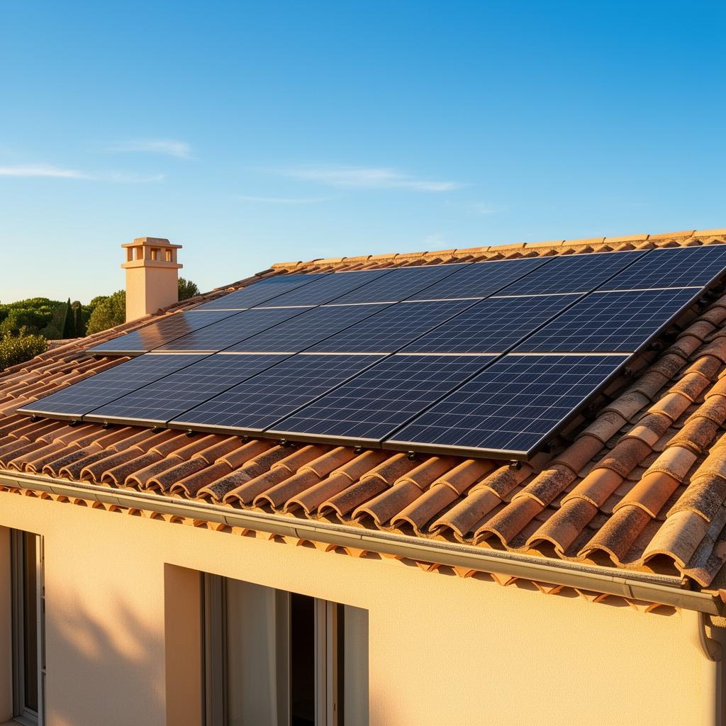Panneaux solaires installés sur une toiture en tuiles d'une maison méditerranéenne à Perpignan