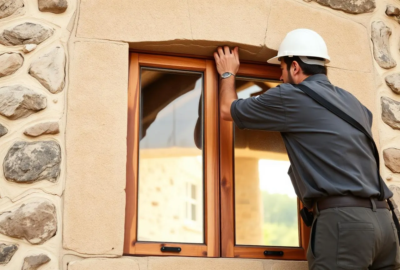 Menuisier professionnel posant une fenêtre en bois sur une maison en pierre dans le sud de la France